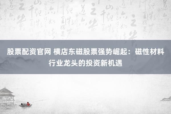 股票配资官网 横店东磁股票强势崛起：磁性材料行业龙头的投资新机遇